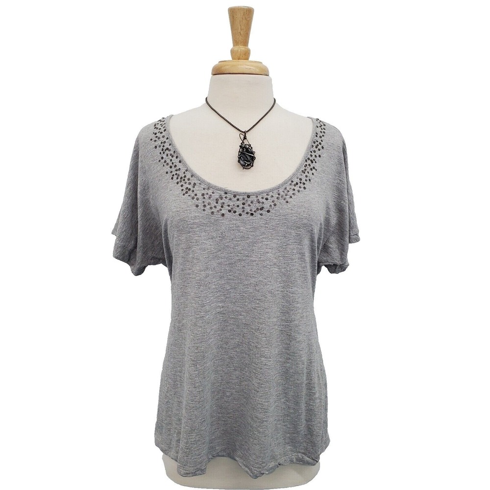 J.Jill Womens L Gray Sequin Scoop Neck Stretch Top Short Sleeve Casual Tee